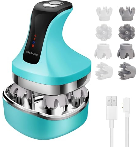 DUAIU Elektrisches kopfmassagegerät, head massager, Kabelloses Handmassagegerät mit 4 Knetköpfen Austauschbar, Wasserdicht Electric Scalp Massager für Ganzkörpermassage,Haarwachstum, Geschenke