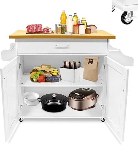 TANYEAR Küchenschrank mit Arbeitsplatte, 115 x 36 x 90 cm Schublade & Schrank, Rollbarer Küchenwagen, Servierwagen aus Holz, Küchentrolley im Landhausstil, für Küche Restaurant, Weiß