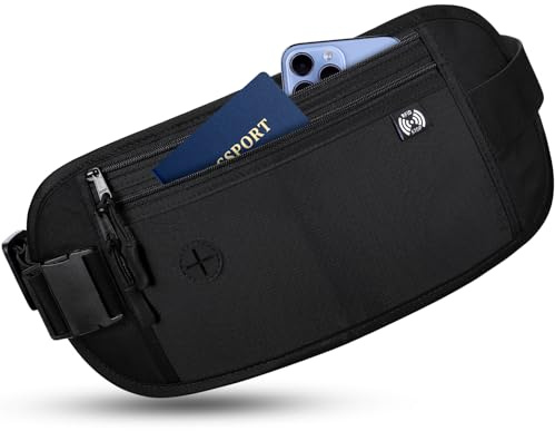 Sofore Hidden Traveling Bumbag Moneybelt Wallet for Women Men,Passport Money Belt Waist Belt with RFID Blocking Technology,Waist Travel Wallet for Passport Holder Cash Phone,Black