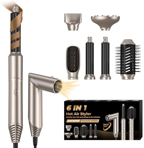 UKLISS Airstyler 6 in 1 Föhn Rundbürstenföhn Set mit Luft-Lockenstab Diffusor Warmluftbürste Haarglätter 60,000RPM Haartrockner Haarstyler Hairstyler Multi Styler Heißluft Hair Dryer Set, Gold