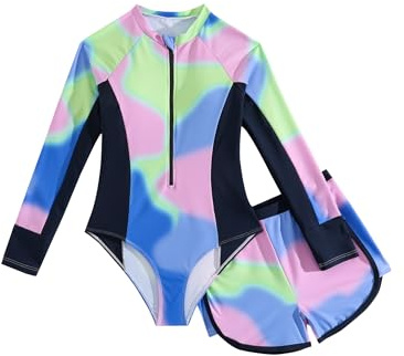 JiAmy Ensemble Maillot de Bain Fille 2 Pièces Anti-UV Manches Longues Short Imprimé Tie-Dye pour 10 Ans