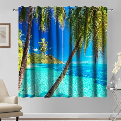 Kzzfqxb Tende 135x229cm 2 Pannelli, Palme Isole Costiere Oceano Blu Limpido Cielo Soleggiato Spiaggia Paesaggio Finestre Tendaggi, Decorazioni Fresche per Camera da Letto e Soggiorno