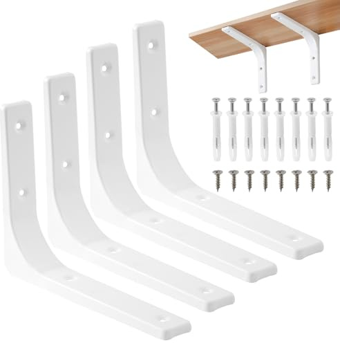 HonQiShiMY 4Piezas Soportes para Estantes de Pared,Escuadra para Estanterías,Soportes Estantes Triangulares de 90 Grados Angular de Montaje en Pared Pesados para Cocina Libros Estante,200x150mm Blanco