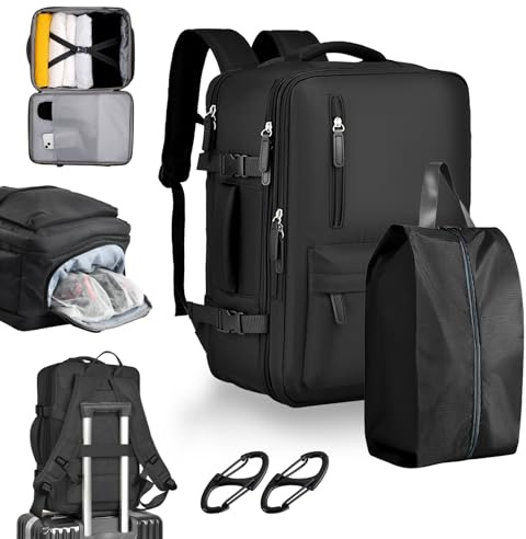 39L Mochila de Equipaje de Mano Mujere Hombre, Mochila Ordenador Portátil 17 Pulgadas, Mochila de Viaje Cabina Avion con Bolsa para Zapatos, Gran Capacidad Mochila de Viaje de Negocios, Negro