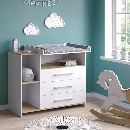 Vicco Fasciatoio Oskar, Rovere bianco/dorato, 113 x 93 cm con 3 cassetti, convertibile in cassettiera grazie al fasciatoio rimovibile