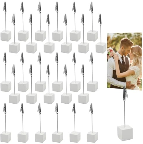MIPIACE 30 Piezas Memo Clip Foto Titular Memo con Pinza y Base Portafotos Pinzas Foto Madera Porta Notas para Oficina Bodas Fiestas Tiendas Restaurantes Decoración de Hogar (Blanco）