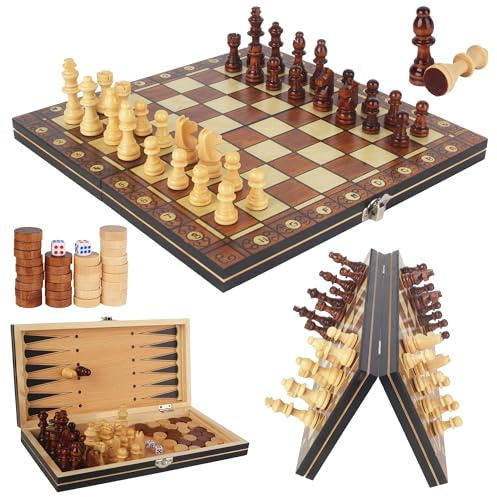 3 en 1 Jeu d'échecs Magnetique Bois, 29 * 29cm, Echecs en Pliable avec Emplacements De Rangement, Echiquier Bois, pour la Famille Activités Fête Adultes Enfants Voyages, Jeux De Stratégie