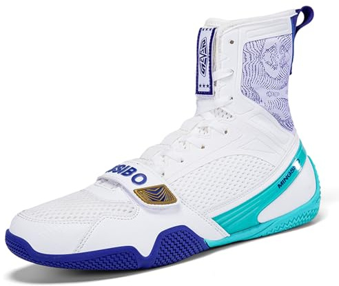 BLBK Chaussures de Boxe Hommes Chaussures de Lutte Combat Boxeurs Jeunes Muay Thai Kickboxing Sparring Boxeurs Entraîneur Respirantes Bottes de Boxe Ringerschuhe pour Hommes, blanc/bleu, 42 EU