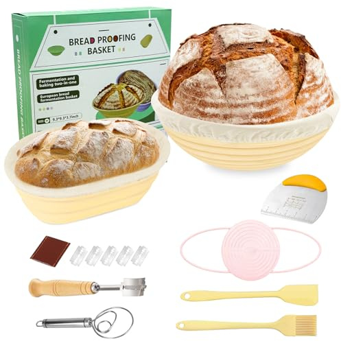 MFUSUL 10 Pezzi Cestino da Lievitazione per Pane, Set Panificazione con Cestini Lievitazione in Silicone Rotondo da 23 cm & Ovale da 25 cm, Tela di Lino, per La Cottura del Pane