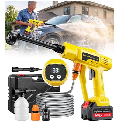 DeeprBetter Hidrolimpiadora de Alta Presion a Batería, 600PSI Pistola de Agua a Presión con Boquilla Ajustable 6 en 1, Pistola Hidrolimpiadora Portatil con 3 Velocidades Regulables para Coche Amarillo