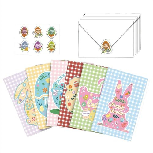 Juego de 6 tarjetas de Pascua con sobres, bonitos diseños de conejo y huevo, tarjetas de felicitación de feliz Pascua para intercambio de aula de niños, suministros de fiesta de primavera y regalos de