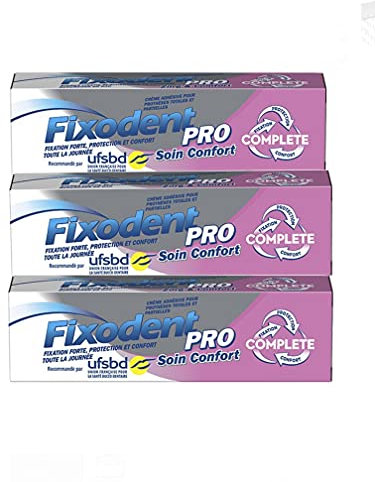 Fixodent Pro Soin Confort - Crema adhesiva dental, Tubo de 47 g - Lote de 3 tubos (3c)