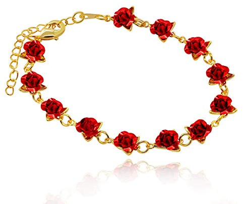 Uloveido Cute Red Rose Flower Charm Bracelet for Women Girls 18K Gold Plated Nature Jewelry, Wedding Party Bridesmaid Gift (Yellow Gold Color) Y452