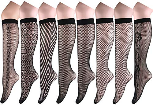 FEPITO 8 Paires Femmes Bas Résille Collants Bas Hauts de Genou Chaussettes Pantalons pour Femmes (Noir)
