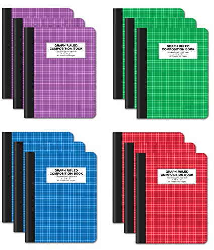 Better Office Products Quad Ruled Composition Book Notebook, 12 Pack, Hardcover 4x4 Graph Ruled Paper, 80 Sheets, 9.75 x 7.5, Assorted Color Covers, 12 Pack