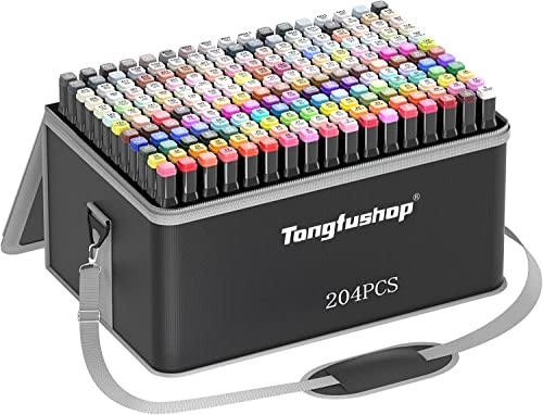 Tongfushop 204 Colored Marker Set, Colouring Pens for Adults, Dual Tip Art Alcohol Markers, Permanent Felt Tip Pens for Drawing, Sketching, Anime, Manga, Fun doodling with Carrying Case & Storage Base