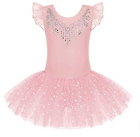 Zaclotre Kid Girls Ruffle Sleeve Ballet Skirted Leotard Shiny Dance Tutu Dresses
