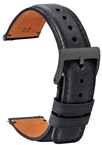 TStrap Leder Uhrenarmband 20mm - Weich Schwarz Quick Release Uhrenarmbänder Ersatz - Sport Uhrenarmband für Herren Damen - Smartwatches Armband mit Schwarz Schließe Haspe - 18mm 20mm 22mm
