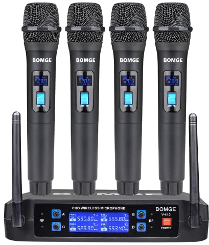 BOMGE Kabelloses Mikrofonsystem, Pro 4-Kanal schnurloses Mikrofon-Set mit vier Handmikrofonen, feste Frequenz, lange Reichweite 61 m, ideal für Kirche, Karaoke, Veranstaltungen