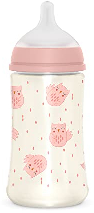 Suavinex, Babyflasche 270 ml mit physiologischem Sauger SX Pro aus Silikon, mit Anti-Colic-Ventil, mittlerer Nahrungsfluss (M), für Babys +3 Monate, Bonhomia, Rosa
