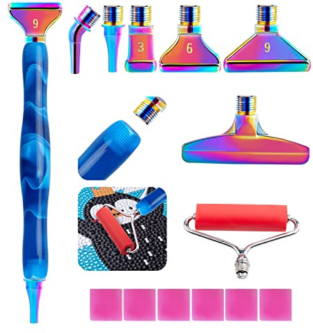 DoreenBow 14Pcs Diamond Art Painting Metal Screw Thread Tips Luminous Diamond Art Painting Pen Accessories Multi Placer Tips 5D Diamond Tools with 6 Clay, Blue