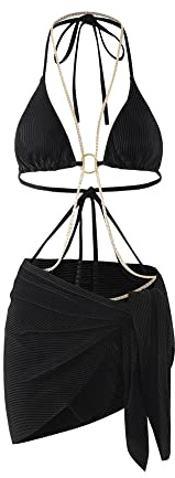 BKEPDY Maillot de Bain Femme 2 Pieces Cupshe Bikini Set Triangle Push up avec Chaîne Dorée Jupe Paréo Côtelé Ensemble Balnéaire Sculptant Plage Swimsuit Beachwear