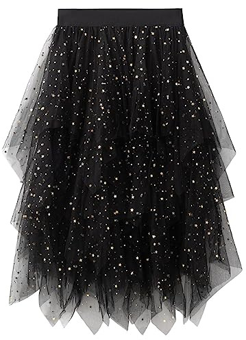Reaowazo Tulle Skirts for Women Midi Long Fairy Skirt Tutu A-Line Mesh Layered High Elastic Waist Halloween Skirts Black Sequin One Size