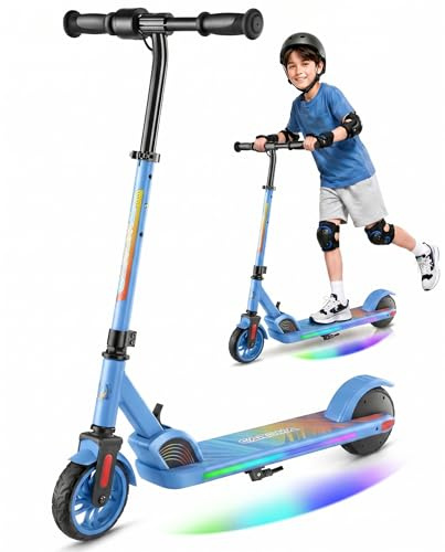 Caroma Elscooter för barn från 6–12 år, 150 W motor till 16 km/h E-skoter, vikbar elscooter med färgglada lampor och LED-skärm, 80 min. Restid, justerbar hastighet och höjd