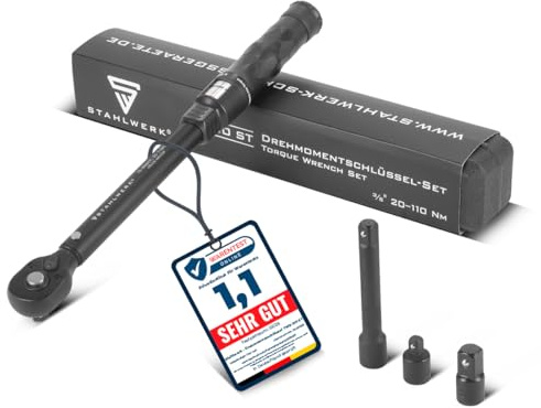 STAHLWERK Drehmomentschlüssel TWS-110 ST 72 Zähne 20-110 Nm 3/8 Umschaltknarre | Ratschenschlüssel | Ratsche | Knarre mit Mikrometerskala inklusive Verlängerungsstange, 1/2 und 1/4 Adapter