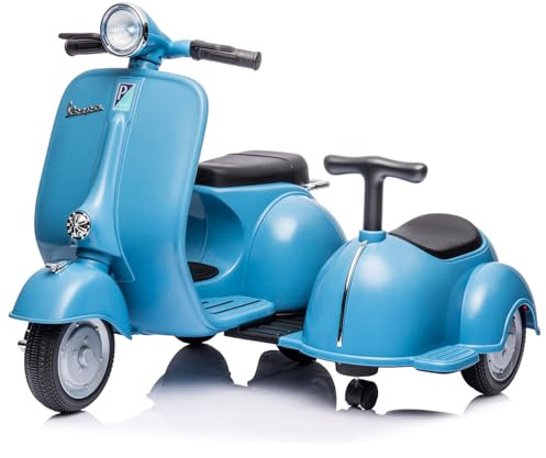 Dreirad Elektrofahrzeug 2 Sitze Kinderfahrzeug 2–4 km/h 6V Vespa Kindermotorrad Elektro-Motorrad mit Musik Bluetooth Tretfahrzeug Kinder ab 3 Jahren Hellblau