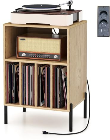 GIANTEX Vinylskivspelare med uttag, skivspelare för 150 album, 2 USB-portar, 1 typ C, 5 fack, metallben, skivtallrikshållare, 53 x 45 x 78 cm (natur)