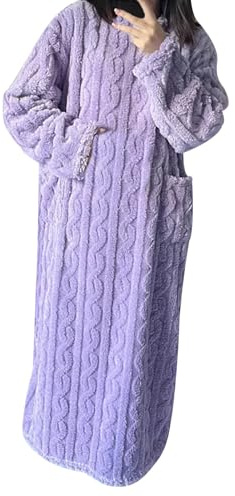 YOSUWOAI Abito da casa da donna al ginocchio lungo, camicia da notte in pile, pigiama invernale in peluche, abbigliamento da notte soffice e caldo, tuta da casa, pigiama tinta unita con tasche, comodo