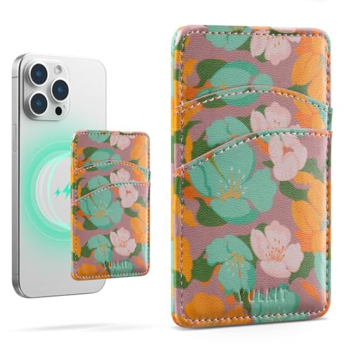 VULKIT Magnetischer Kartenhalter für Handy, dünn, aus Leder, für Damen, Kreditkartenetui mit RFID-Blockierung, Magsafe, Blume, Klassisch
