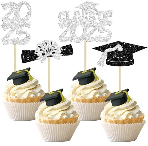 Ephlyn 36Pcs 2025 Graduation Theme Cupcake Toppers Glitter Class of 2025 Congrats Grad Diploma Graduation Cap Cupcake Picks for 2025 Graduation Theme Party Cake Decorations Supplies Silver