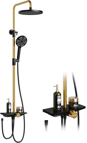 Ducha de lluvia sin grifería con estante, sistema de ducha con cabezal de ducha de acero inoxidable ajustable, barra de ducha, alcachofa redonda, 25 cm, negro y dorado