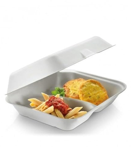 Genérico Caja de Menú Desechable con 2 Compartimentos, Tapa Bisagra, Blanco, 23,5 x 19,5 x 7,5 cm, 250 Unidades