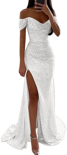 Robe Longue Femme Soirée Robe Paillette Femme Fendu Robes Chic et Elegant Cocktail Épaules Dénudées Col en V Sexy Slim Tendance Classiques Moulant Tempérament pour Party Banquet (A02-Silver, S)