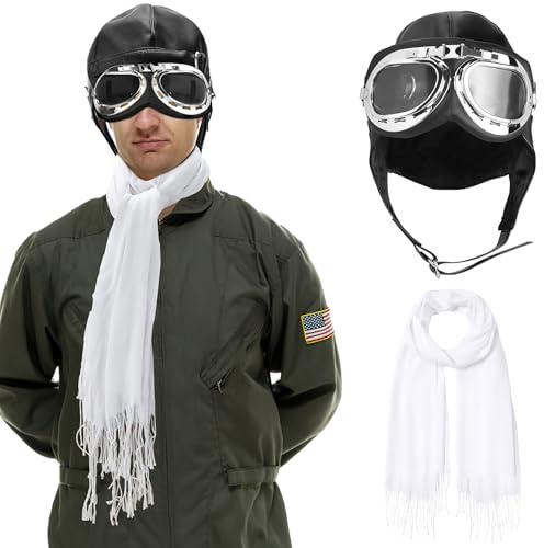 LYCN 3Pcs Pilot Hat Costume, Aviator Costume Includes Vintage Aviator Hat With Goggle White Scarf for Men Women Halloween Cosplay