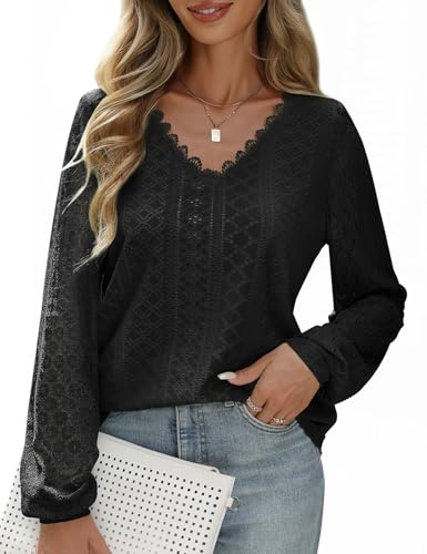 PASUDA Chemisier Femme Chic et Élégant Blouse Col en V Chemise Manches Longues en Dentelle Haut Tops Décontracté de Couleur Ample Tunique Respirant T Shirts(Noir,S)