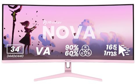 Arozzi Écran PC Gamer Nova 34” Incurvé VA 165Hz – Écran Gaming Ultra Large QHD 1440p – Adaptive Sync, HDR10, sans Scintillement – Couleurs 90% sRGB – Compatible PC et Console - Rose