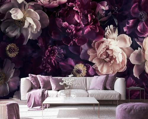 Celestdeco Svart pion blommig tapet, mörklila blomma väggmålning, gröna blad väggtapet, elegant botanisk väggtäckning för vardagsrum, sovrum – 358 cm x 243 cm (skala inte n' Stick)