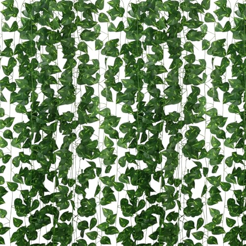 Apexrizon Fake Plants Scindapsus Leaves 24 Pack 168FT Artificial Ivy Garland Green Leaves Hanging Plant Fake Vines for Outdoor Wedding Party Garden Indoor Wall Bedroom Decoration