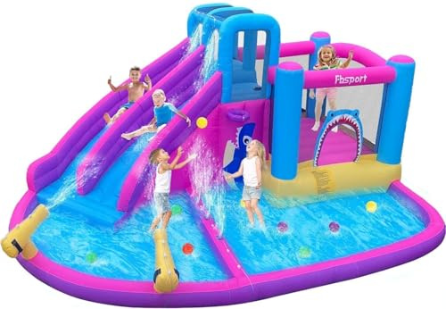 FBSPORT Castello Gonfiabile con Ventilatore 545 x 365 x 218 cm con Scivolo Trampolino Piscina Parete da Arrampicata, Piscina di Palline oceaniche Parco Acquatico per Bambini
