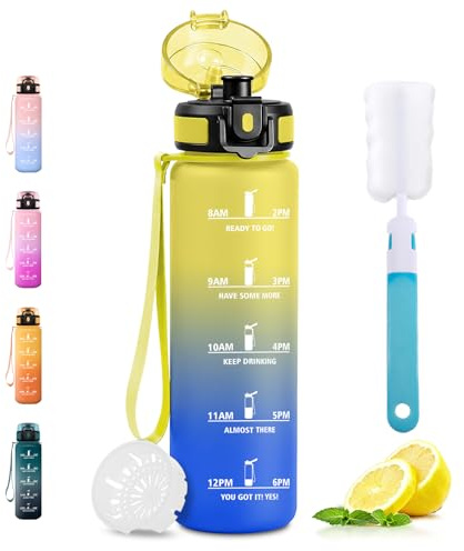 JAPORIA Borraccia Sportiva 1L, Bottiglia con Marcatori Temporali, Borraccia con Filtro, a Prova di Perdite, Bottiglia Acqua senza BPA, per Scuola, Ufficio, Sport, Palestra