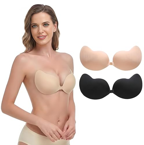 JClorix Soutien-Gorge Adhésif en Silicone sans Bretelles, Réutilisable, Invisible, Respirant, Push up 2 Paires Soutien Gorge Dos Nu pour Robes de Soirée,Mariage et Vêtements Décolletés