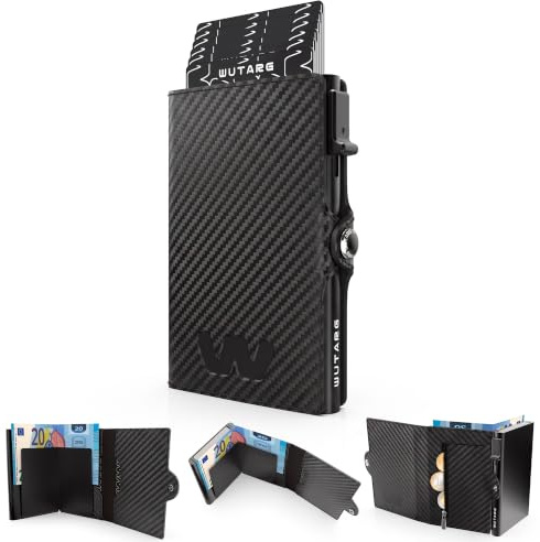 WUTARG Tarjetero Hombre con Monedero Cartera RFID Minimalista de Aluminio 6061 y Cuero PU Cremallera Pop Up para Billetes - Modelo Flex Carbon 8 Tarjetas 5 Monedas 10 × 6,5 cm 65 g