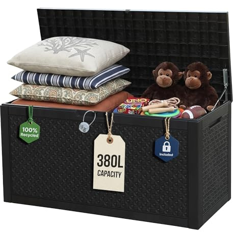Olsen & Smith 380L Rattan-Effect Garden Storage Box & Bench Seat – 225kg Sit-on, 100% Recycled Dark Anthracite – Lockable Waterproof Chest with Padlock & Gas-Assist Hinges for Cushions, Tools & Toys