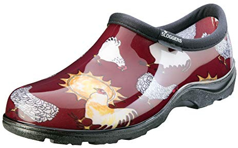 Sloggers Original Waterproof Rain and Garden Shoe for Women– Outdoor Slip-On Garden Clog - Made in The USA with Premium Comfort Insole and Arch Support - Chicken Print Barn Red, Size 9