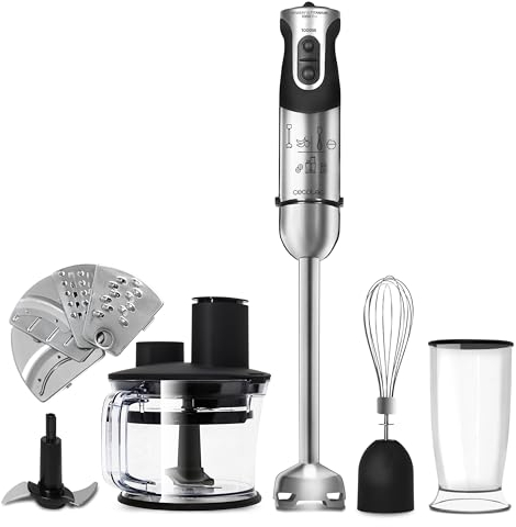 Cecotec Batidora de Mano Powerful Titanium 1000 Pro. 1000 W, 21 Niveles y Turbo, Cuchilla 4 hojas con Recubrimiento de Titanio, Pie XL, Soft Touch, Accesorios, Vaso 800 ml