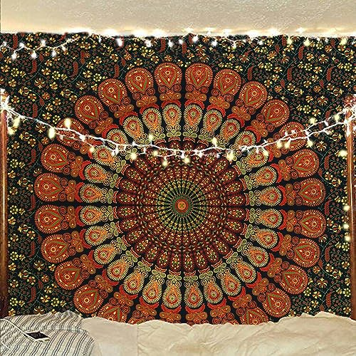 Bless International Indian hippie Bohemian Psychedelic Peacock Mandala Wall hanging Bedding Tapestry (Golden Green, 182.88L X 137.16W cm)